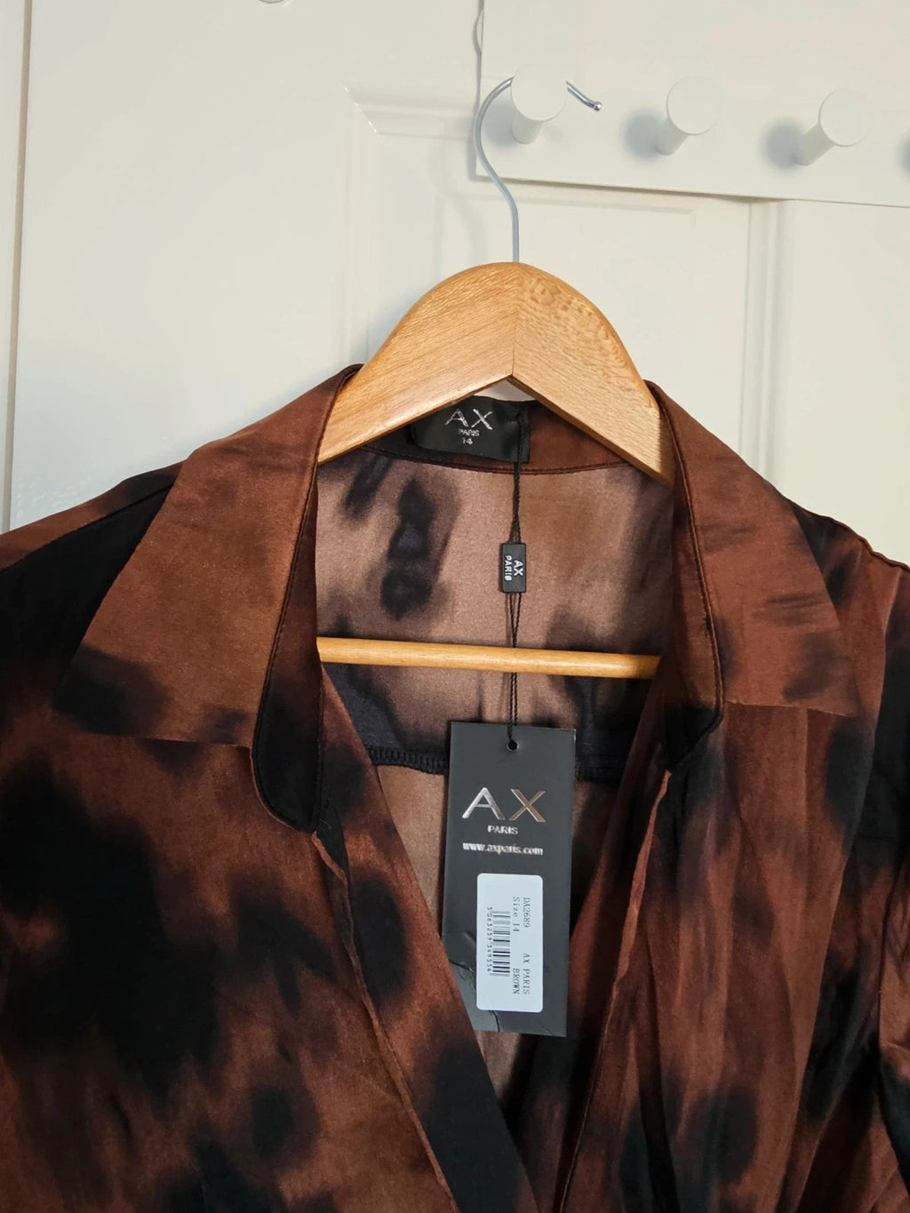 AX Paris Women Brown & Black Smudge Print Wrap Shirt Mini Dress 3/4 Sleeves Silk Feel XL/14