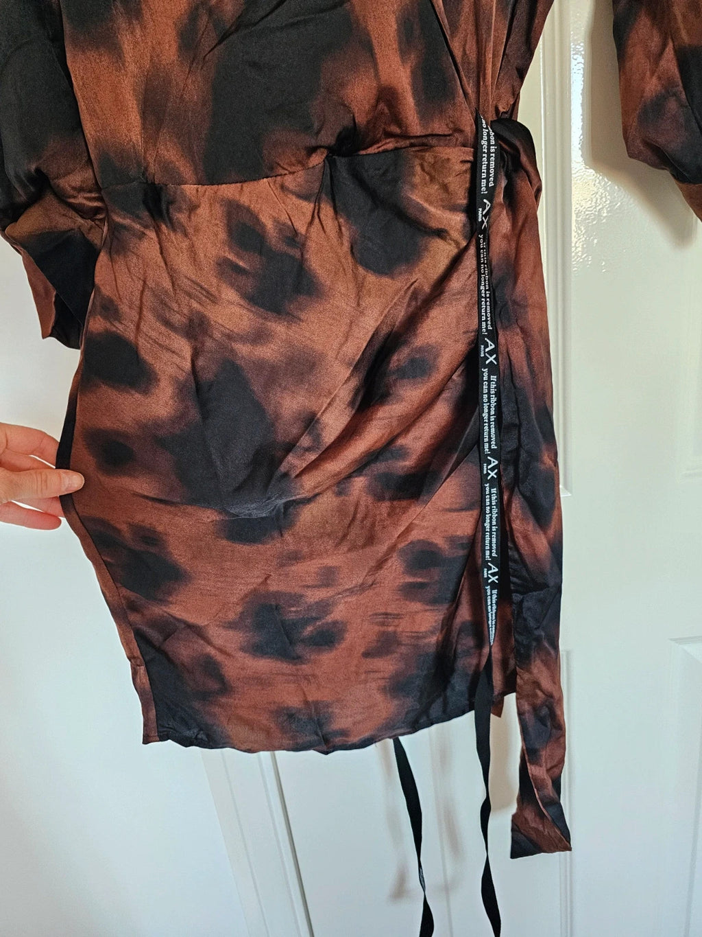 AX Paris Women Brown & Black Smudge Print Wrap Shirt Mini Dress 3/4 Sleeves Silk Feel XL/14