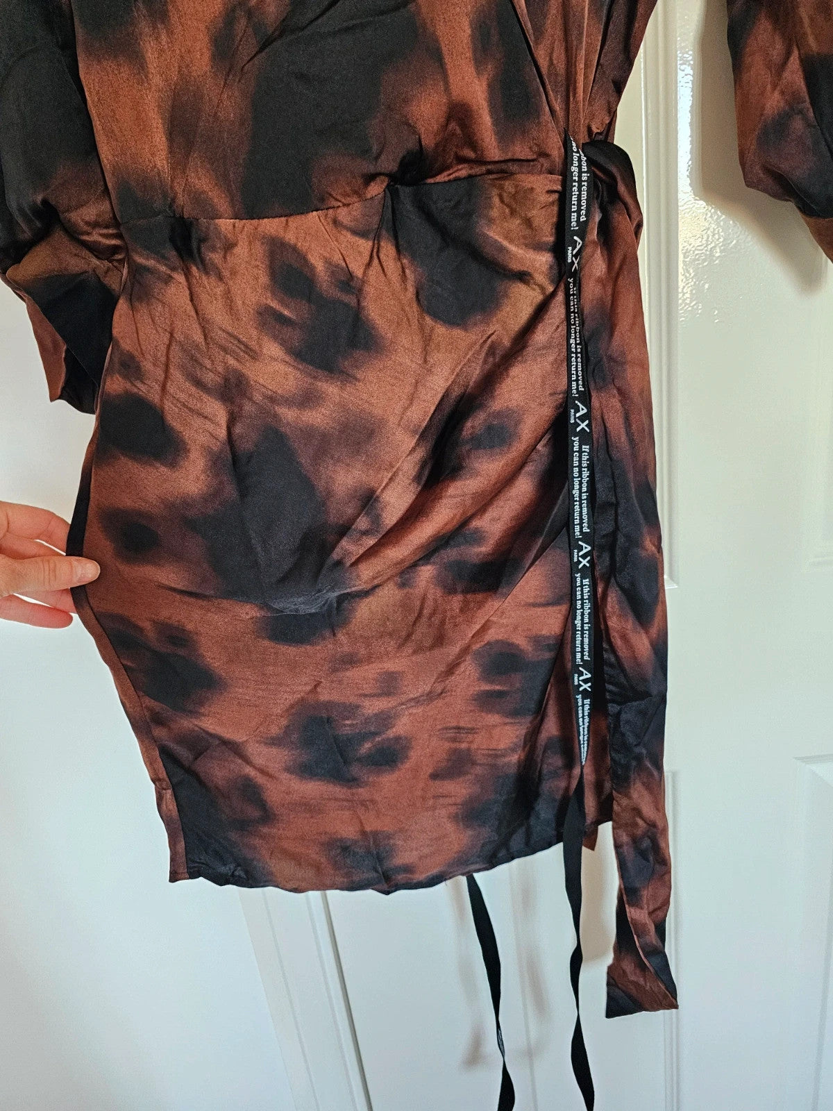 AX Paris Women Brown & Black Smudge Print Wrap Shirt Mini Dress 3/4 Sleeves Silk Feel XL/14