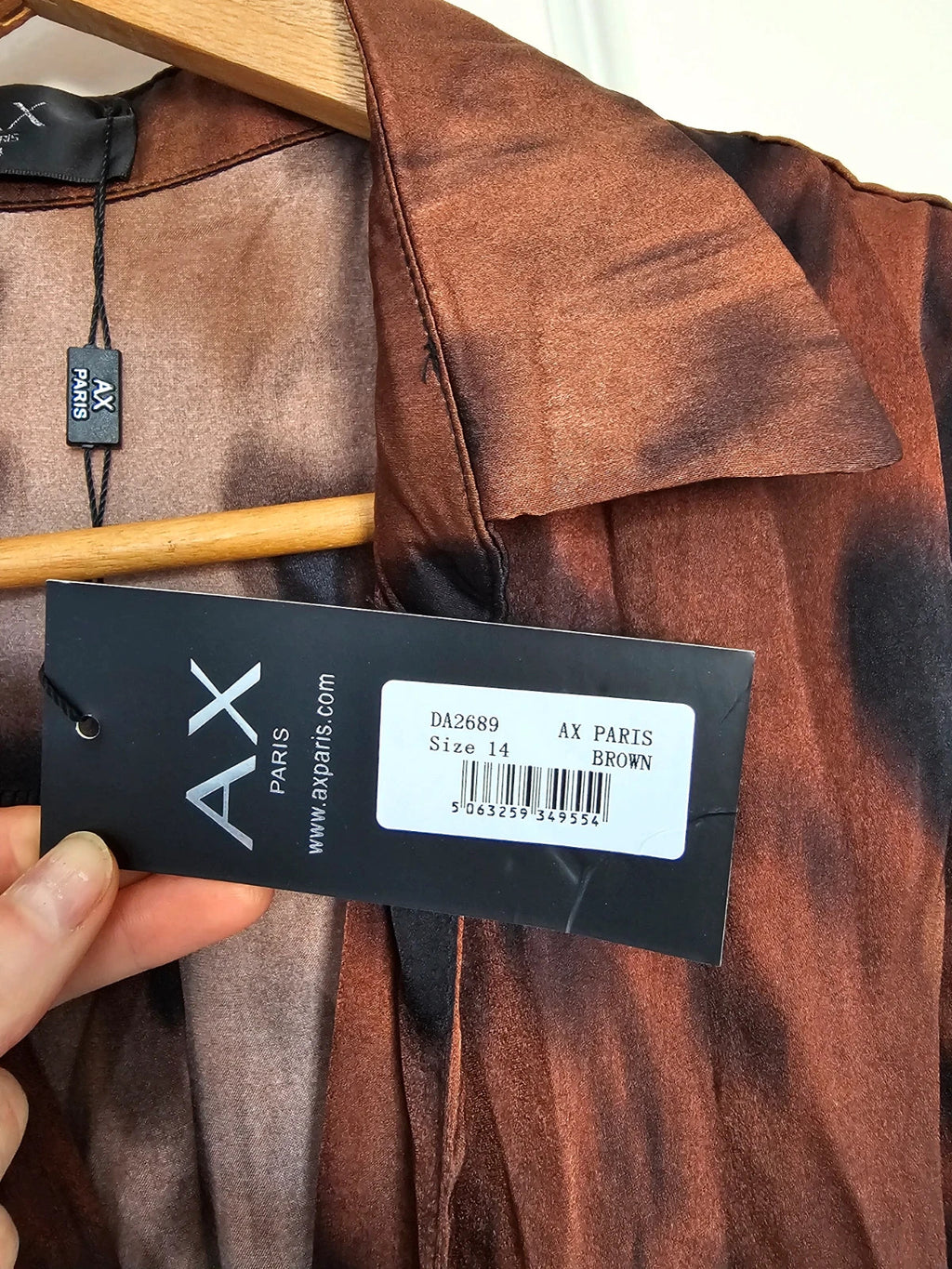 AX Paris Women Brown & Black Smudge Print Wrap Shirt Mini Dress 3/4 Sleeves Silk Feel XL/14