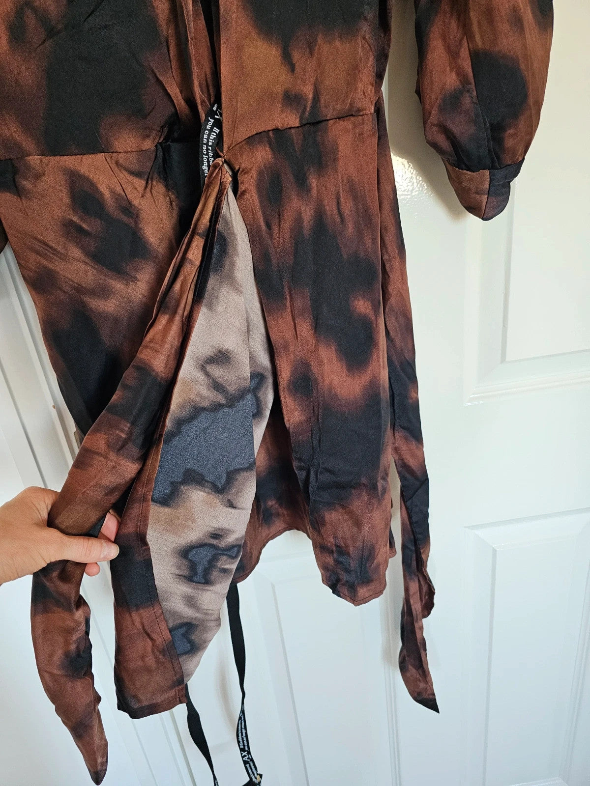 AX Paris Women Brown & Black Smudge Print Wrap Shirt Mini Dress 3/4 Sleeves Silk Feel XL/14
