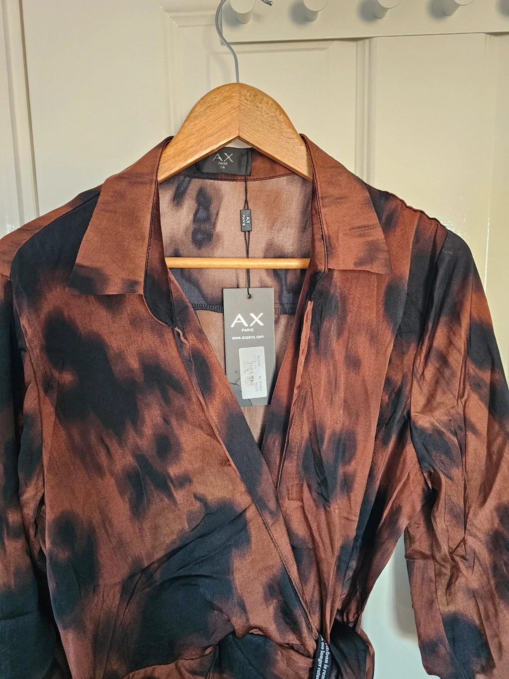 AX Paris Women Brown & Black Smudge Print Wrap Shirt Mini Dress 3/4 Sleeves Silk Feel XL/14