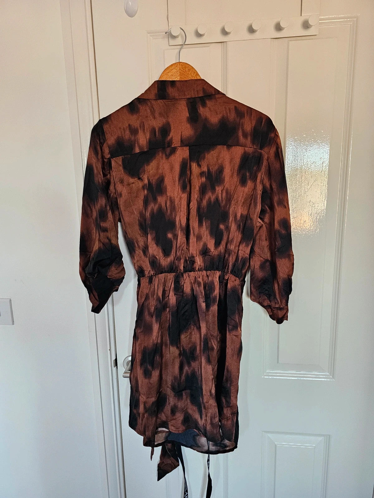 AX Paris Women Brown & Black Smudge Print Wrap Shirt Mini Dress 3/4 Sleeves Silk Feel XL/14