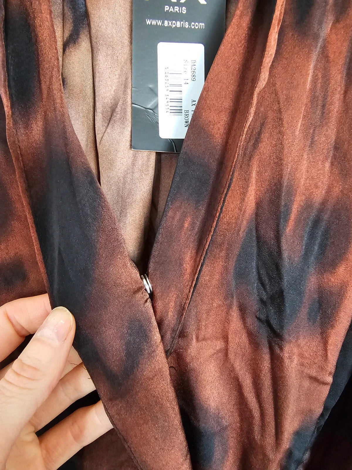 AX Paris Women Brown & Black Smudge Print Wrap Shirt Mini Dress 3/4 Sleeves Silk Feel XL/14
