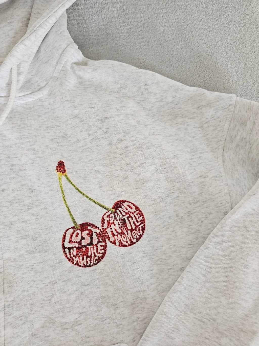 The honey hut Women Graphic Rhinestone Zip Jacket Hoodie Cotton Mix Marl Grey Cherry UK12