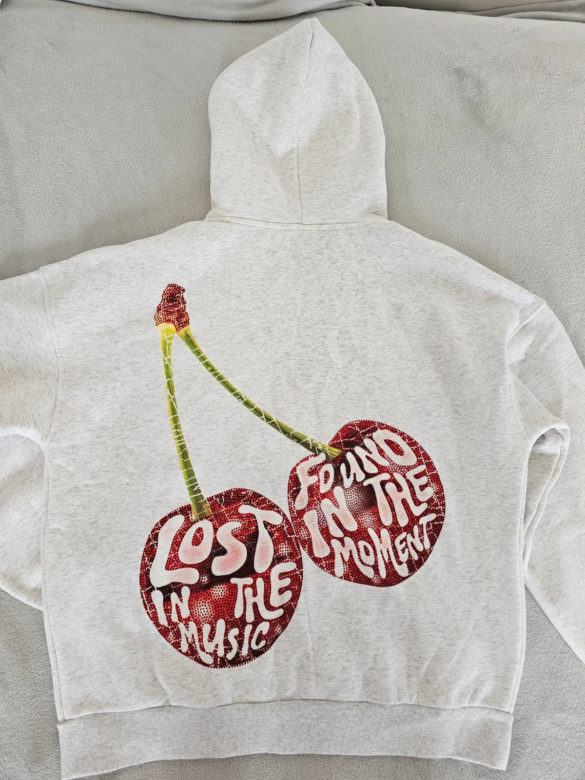 The honey hut Women Graphic Rhinestone Zip Jacket Hoodie Cotton Mix Marl Grey Cherry UK12