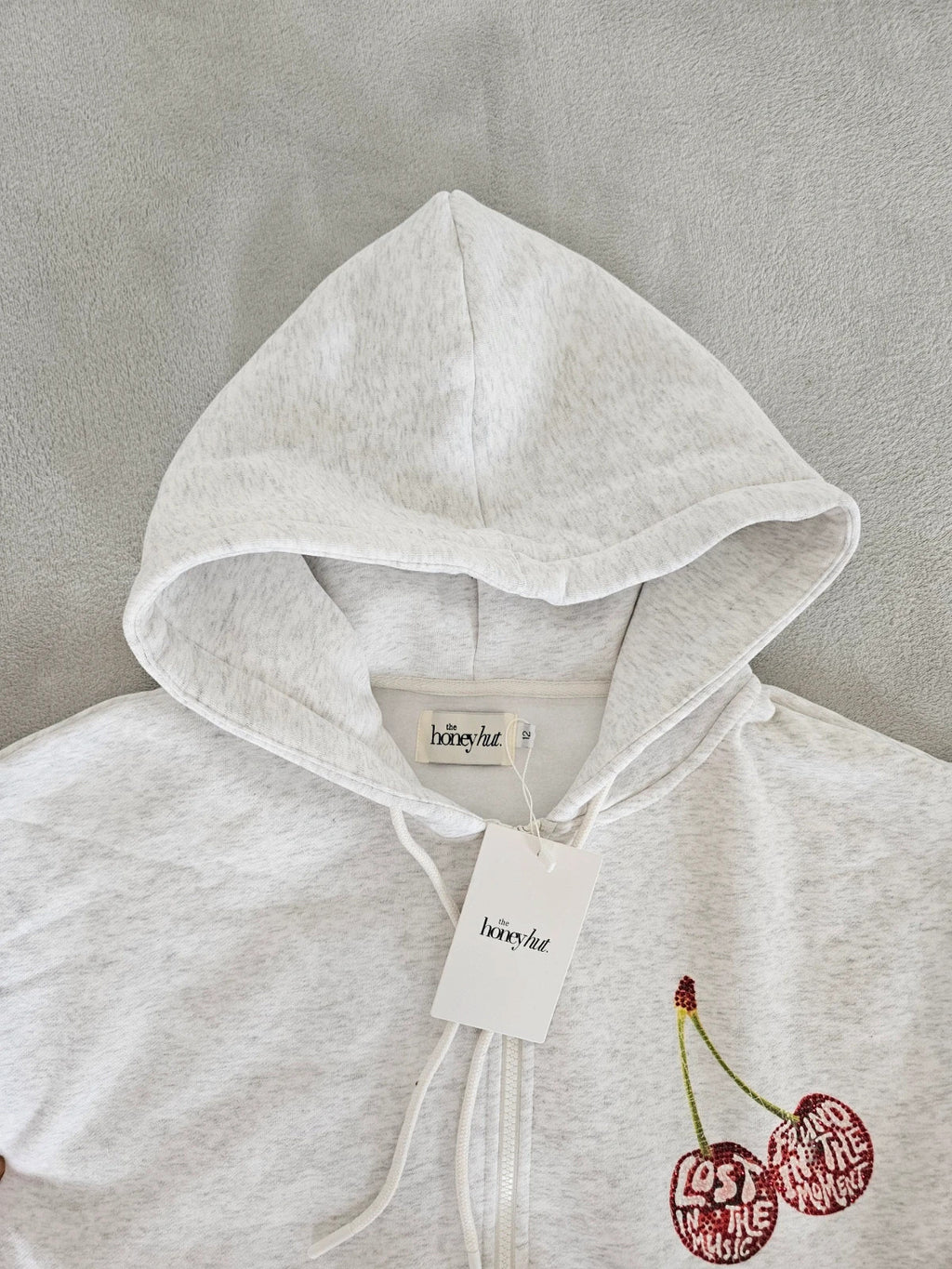 The honey hut Women Graphic Rhinestone Zip Jacket Hoodie Cotton Mix Marl Grey Cherry UK12