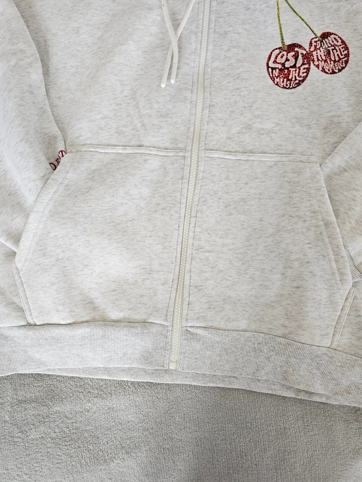 The honey hut Women Graphic Rhinestone Zip Jacket Hoodie Cotton Mix Marl Grey Cherry UK12