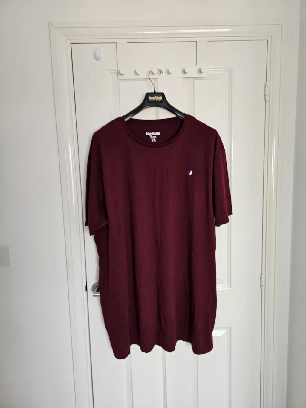BigDude burgundy T-shirt with embroidered logo on front left chest, 100% cotton.