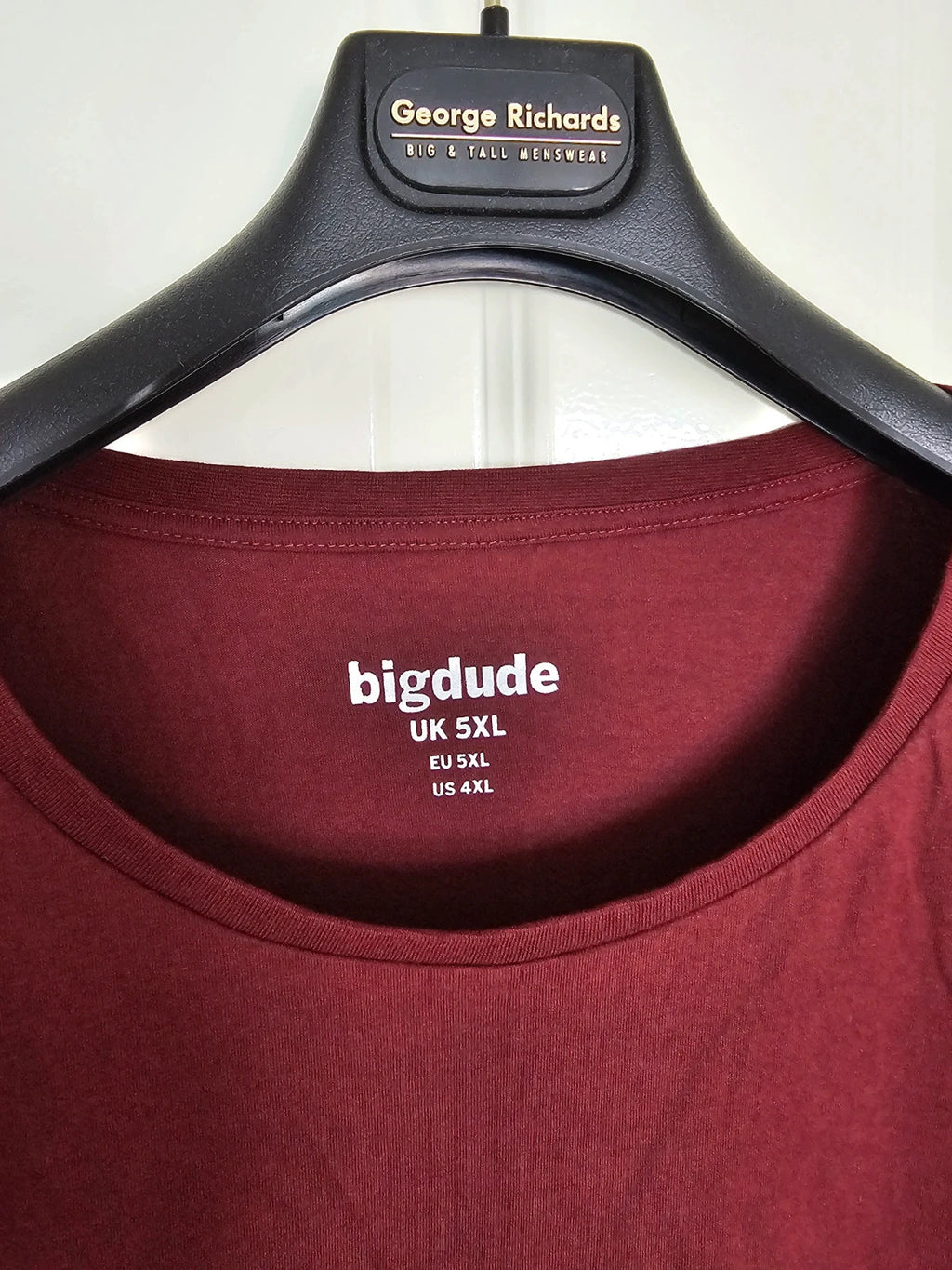 BigDude burgundy T-shirt with embroidered logo on front left chest, 100% cotton.