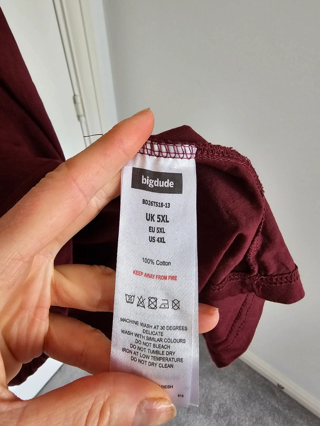 BigDude burgundy T-shirt with embroidered logo on front left chest, 100% cotton.