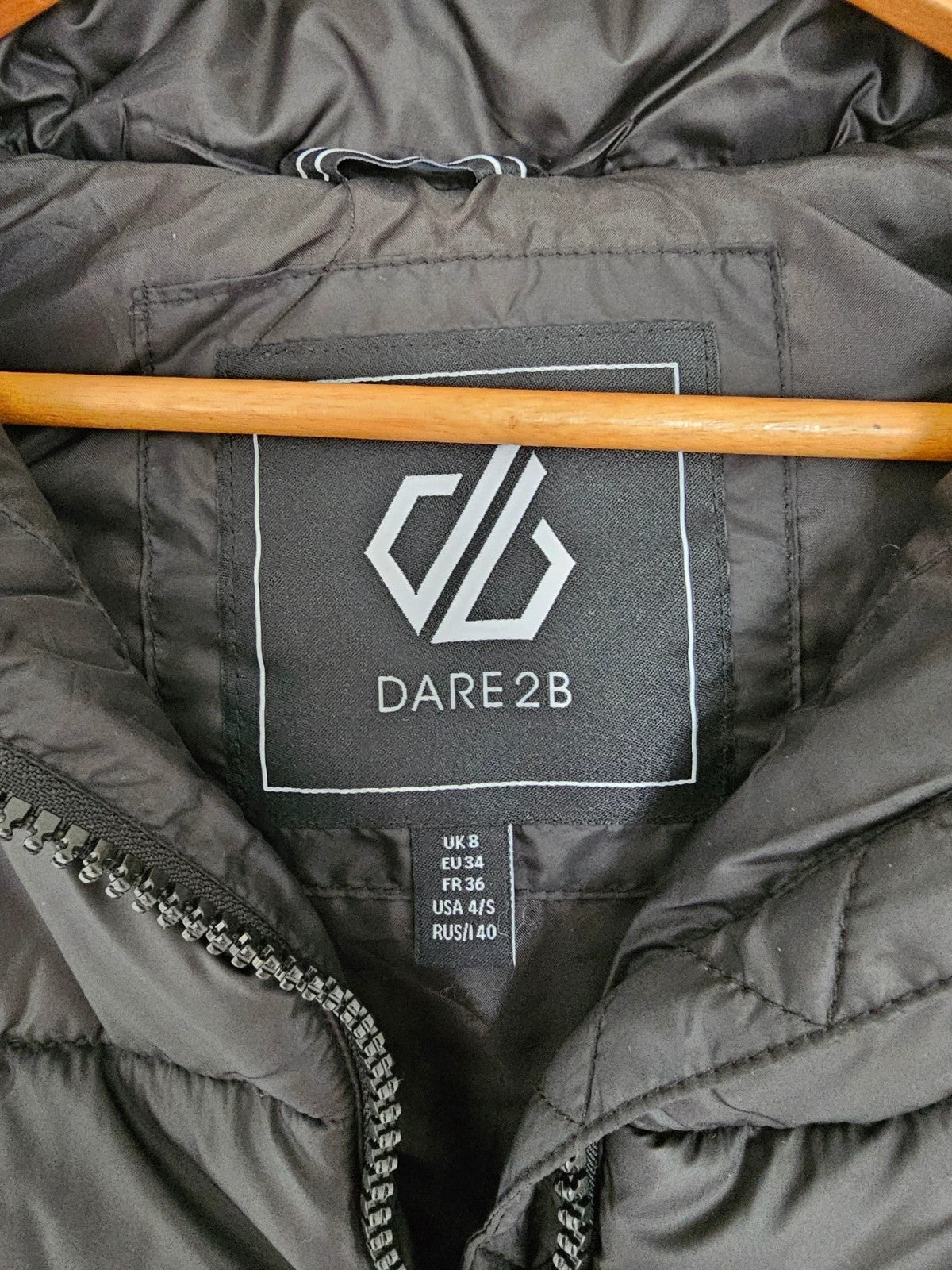 Dare2b black longline hooded puffer gilet with zipper, waterproof and windproof design.