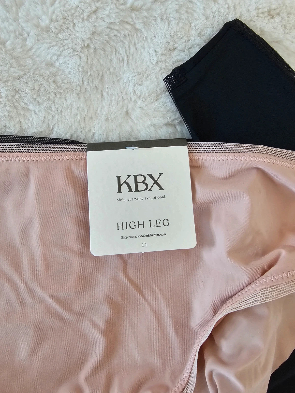 Knickerbox beige and black lace high leg briefs with seamless design and tag.