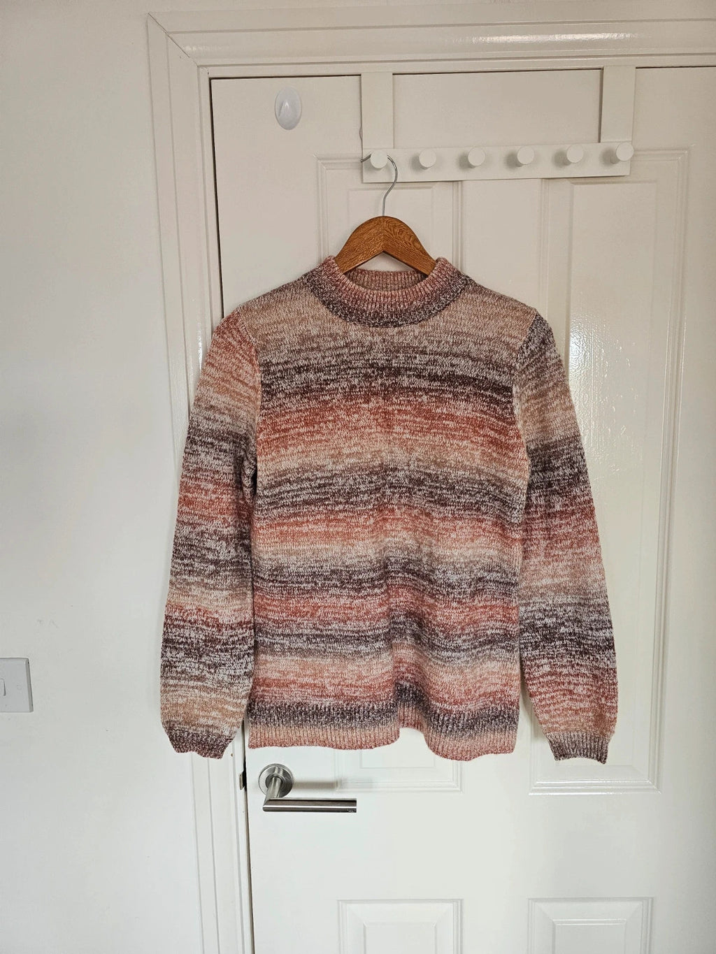 D&Co. brown chunky knit jumper with tonal stripes and mock neck design.