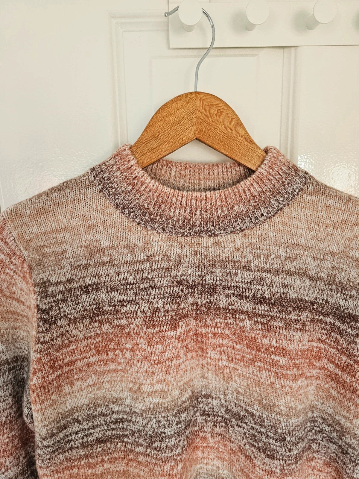 D&Co. brown chunky knit jumper with tonal stripes and mock neck design.