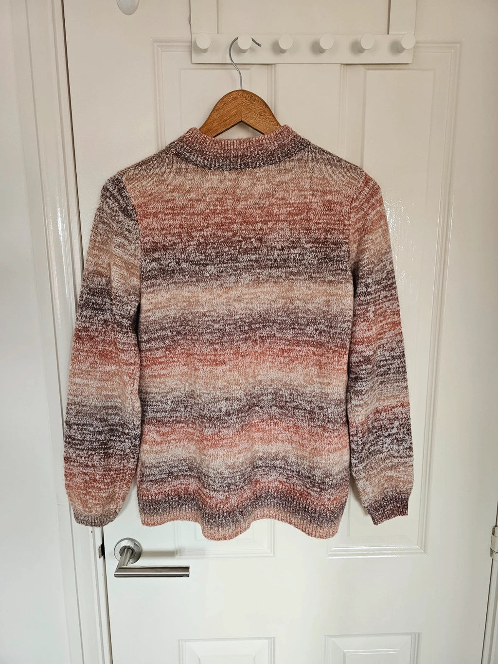 D&Co. brown chunky knit jumper with tonal stripes and mock neck design.