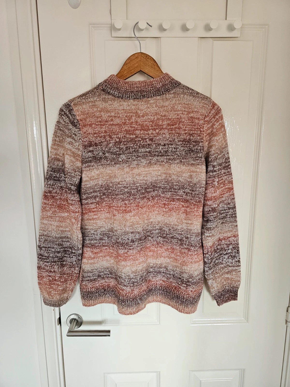 D&Co. brown chunky knit jumper with tonal stripes and mock neck design.