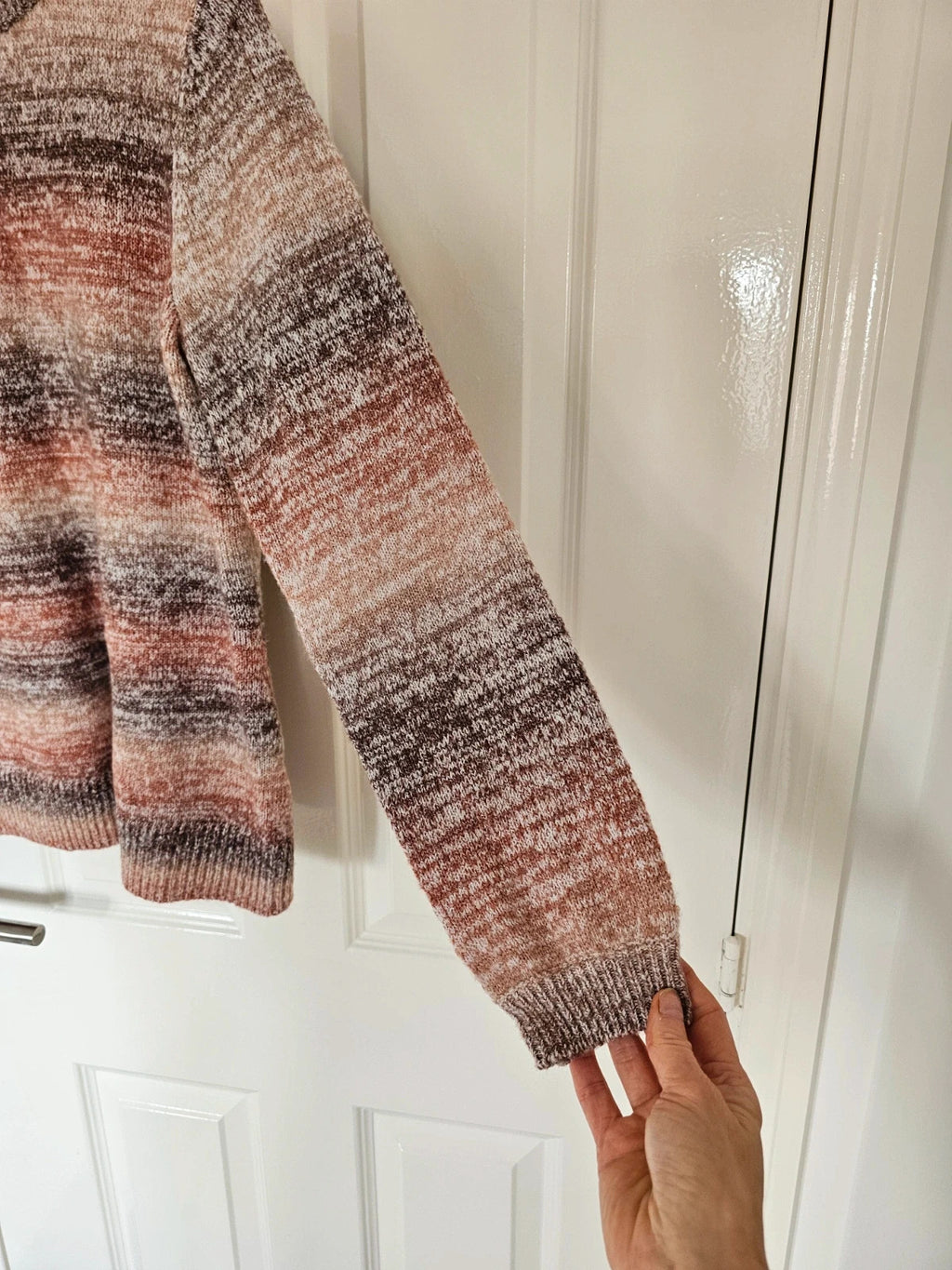 D&Co. brown chunky knit jumper with tonal stripes and mock neck design.