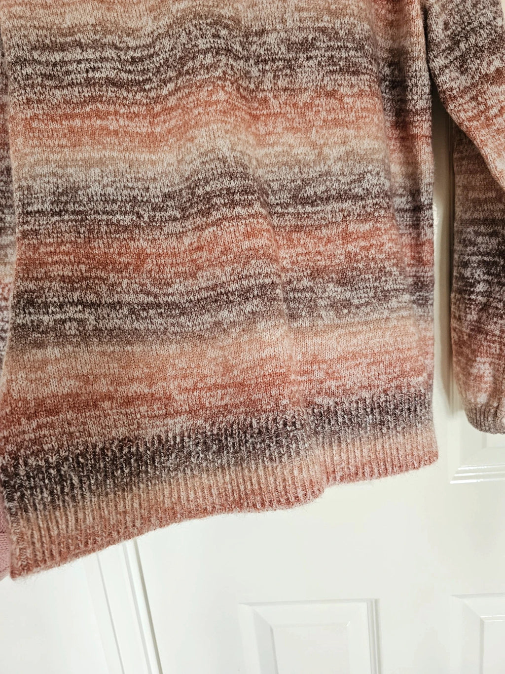 D&Co. brown chunky knit jumper with tonal stripes and mock neck design.