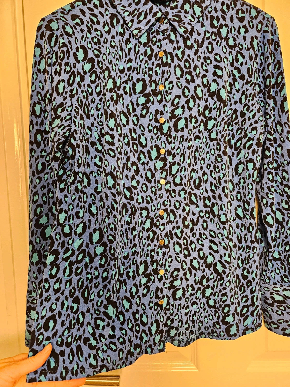 Ruth Langsford blue and black leopard print blouse with collar and button details.