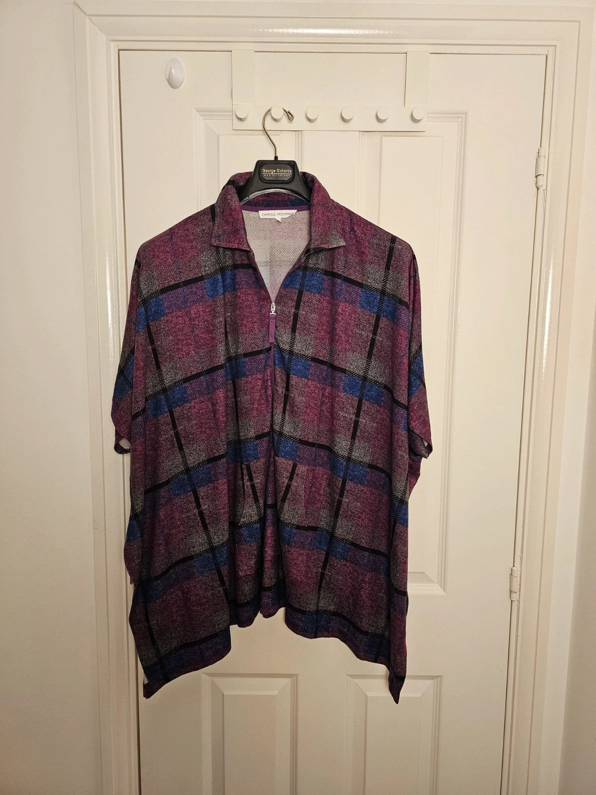 Carole Hochman purple and blue plaid poncho half-zip sweater with kangaroo pocket and batwing sleeves.