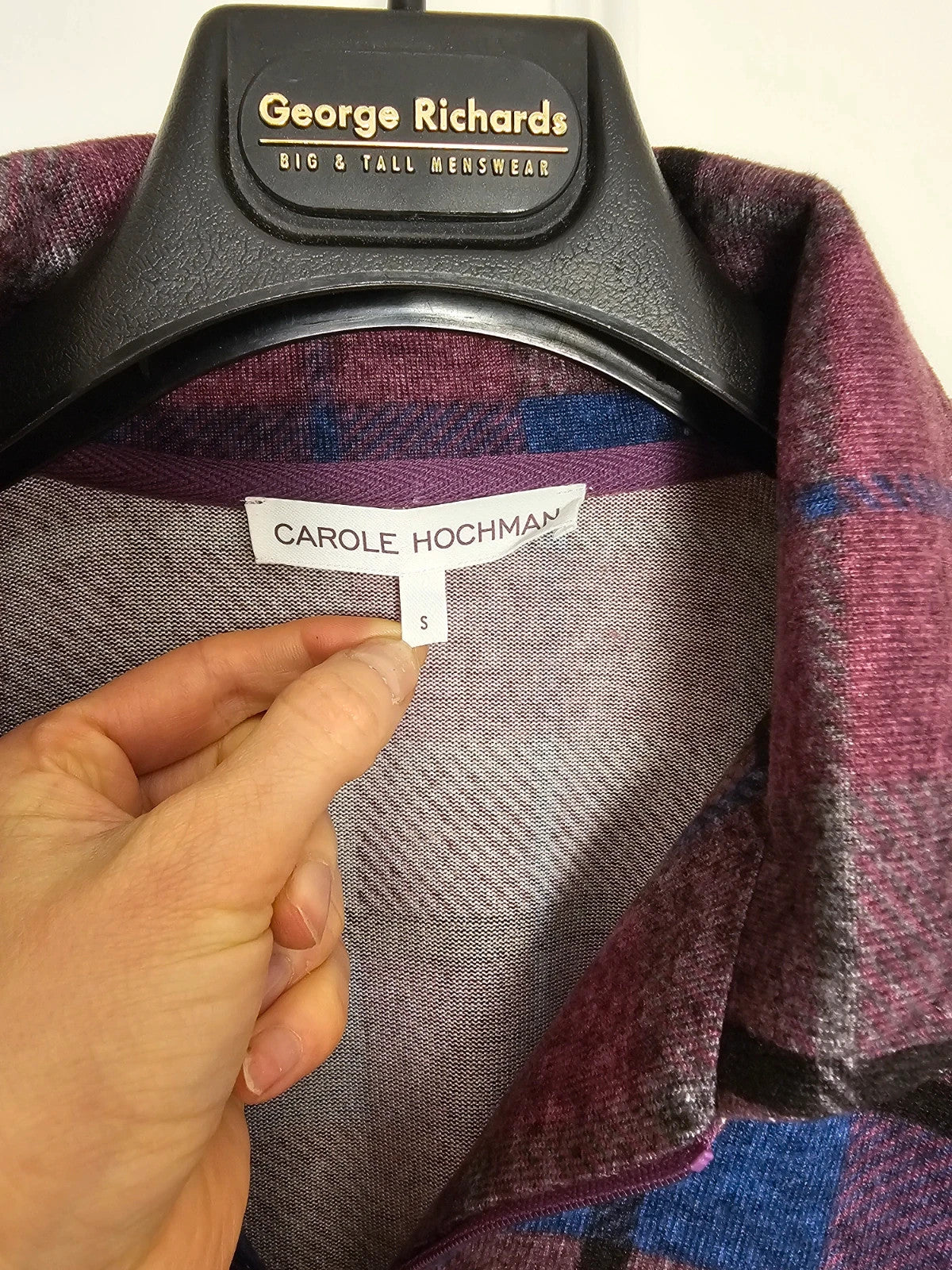 Carole Hochman purple and blue plaid poncho half-zip sweater with kangaroo pocket and batwing sleeves.
