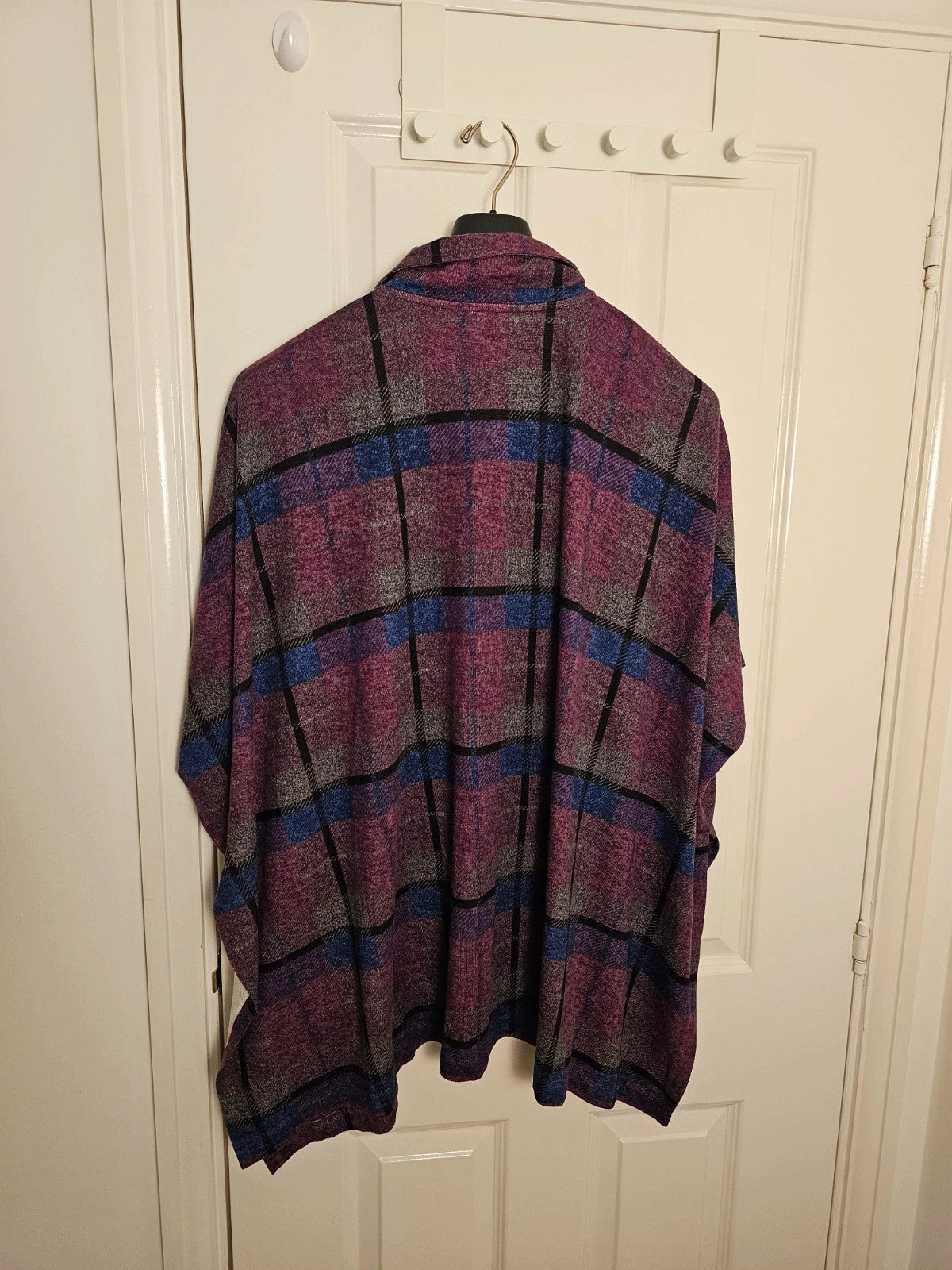 Carole Hochman purple and blue plaid poncho half-zip sweater with kangaroo pocket and batwing sleeves.