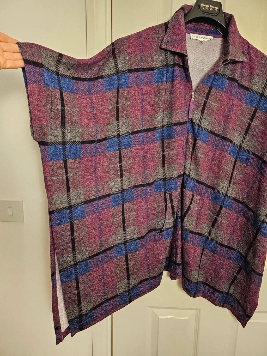 Carole Hochman purple and blue plaid poncho half-zip sweater with kangaroo pocket and batwing sleeves.