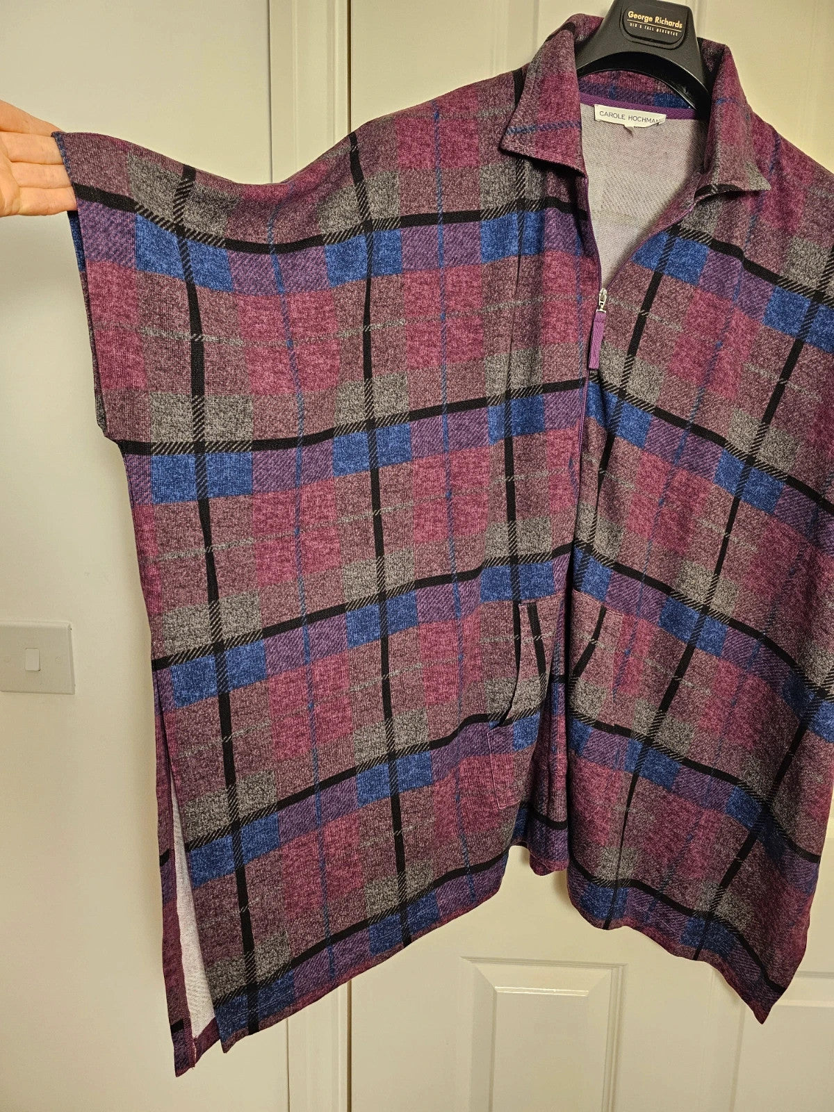 Carole Hochman purple and blue plaid poncho half-zip sweater with kangaroo pocket and batwing sleeves.