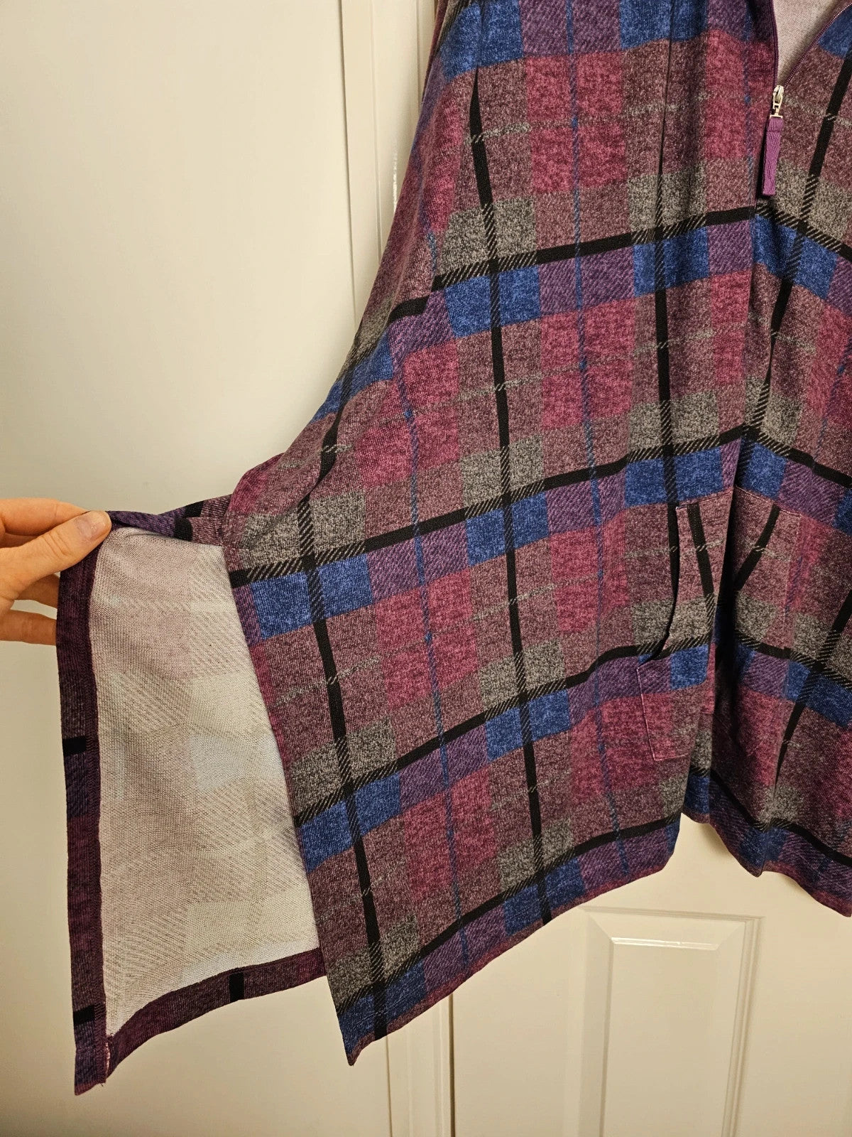 Carole Hochman purple and blue plaid poncho half-zip sweater with kangaroo pocket and batwing sleeves.