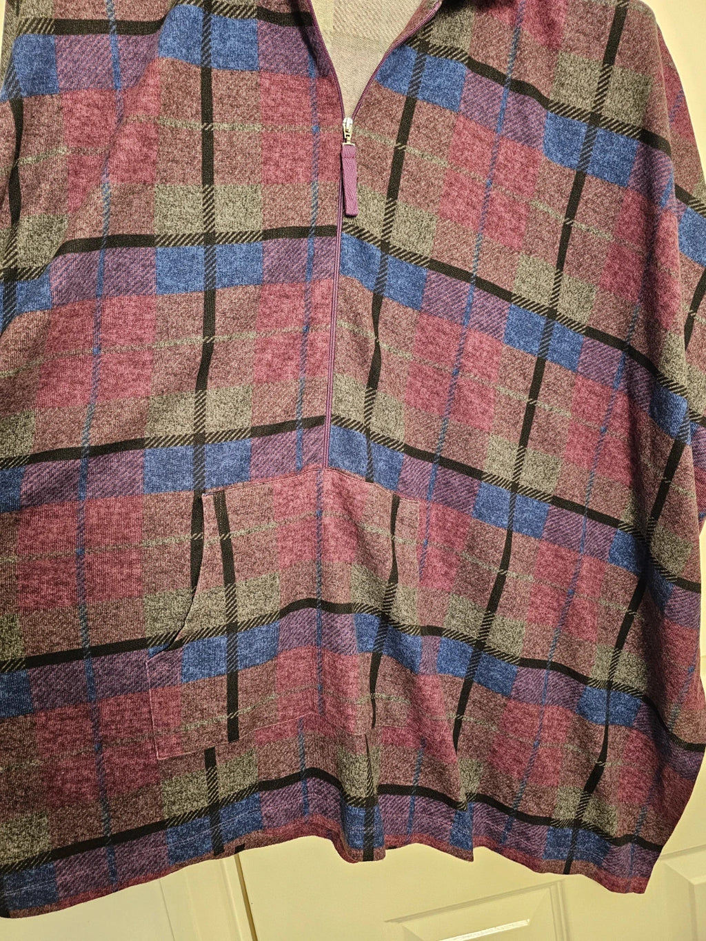 Carole Hochman purple and blue plaid poncho half-zip sweater with kangaroo pocket and batwing sleeves.