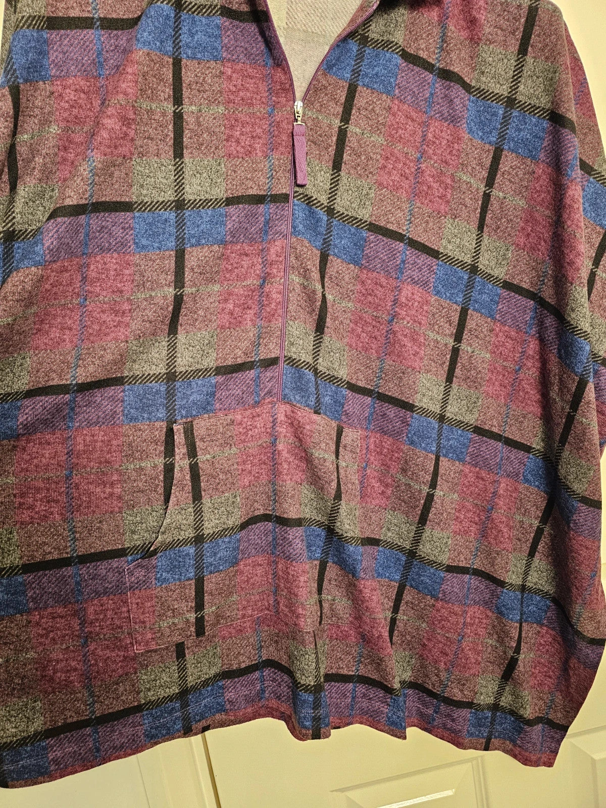 Carole Hochman purple and blue plaid poncho half-zip sweater with kangaroo pocket and batwing sleeves.