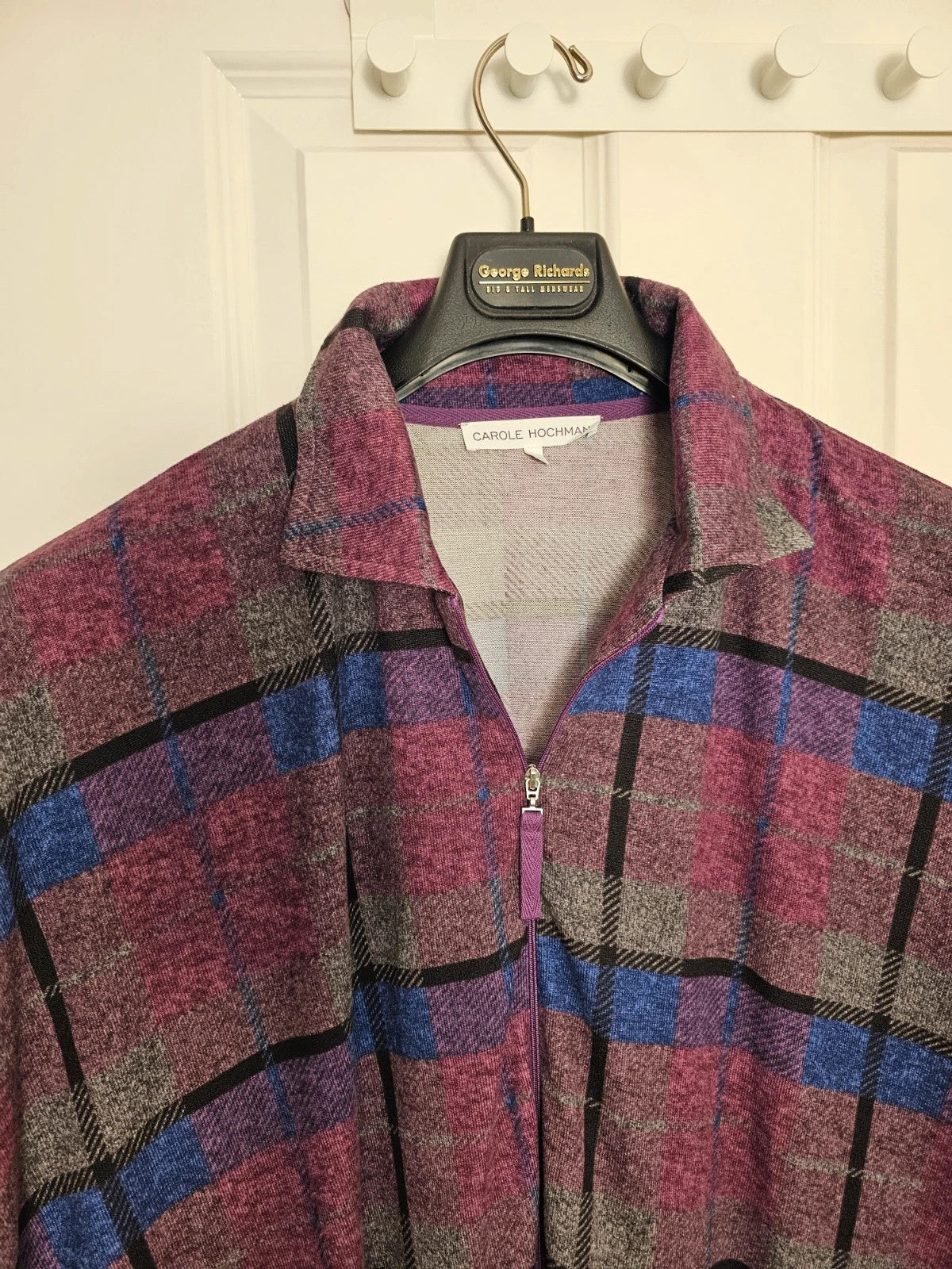 Carole Hochman purple and blue plaid poncho half-zip sweater with kangaroo pocket and batwing sleeves.