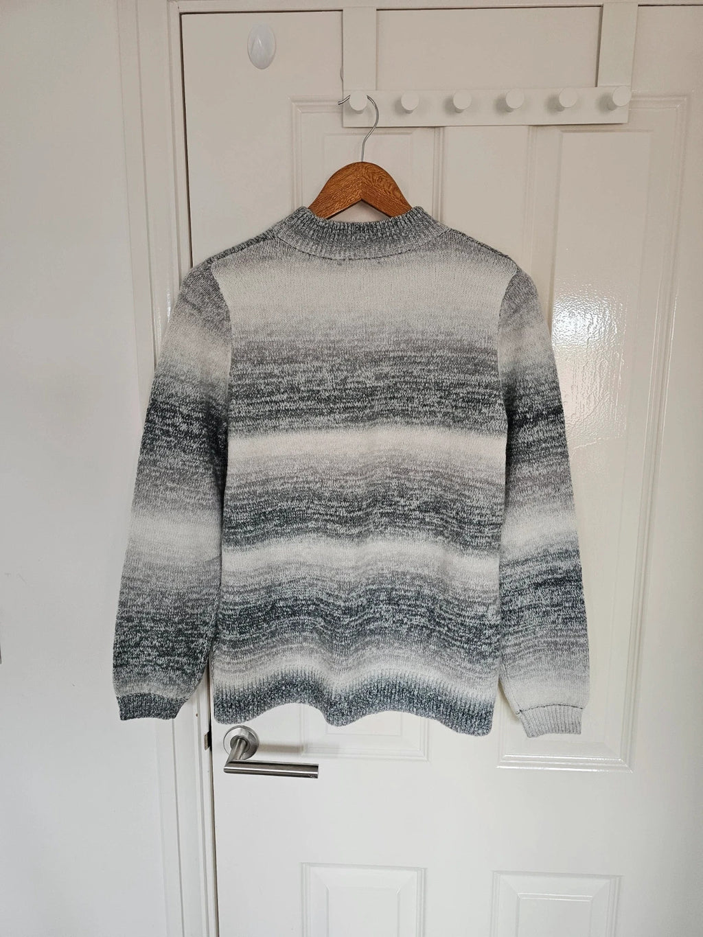 D&Co. grey and white chunky knit jumper with tonal stripes and mock neck.