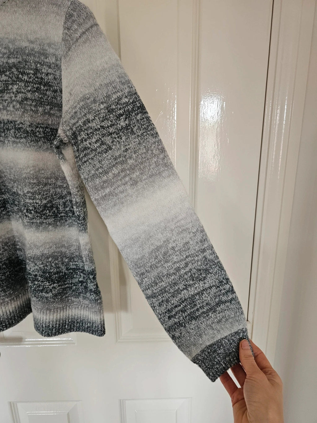D&Co. grey and white chunky knit jumper with tonal stripes and mock neck.