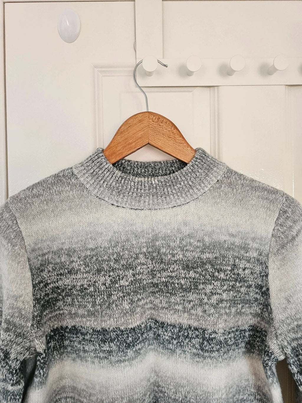 D&Co. grey and white chunky knit jumper with tonal stripes and mock neck.