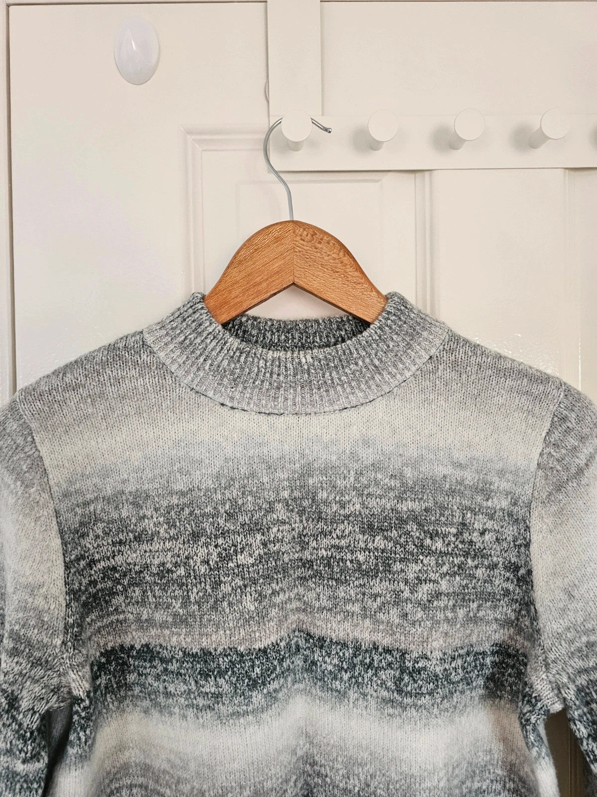 D&Co. grey and white chunky knit jumper with tonal stripes and mock neck.