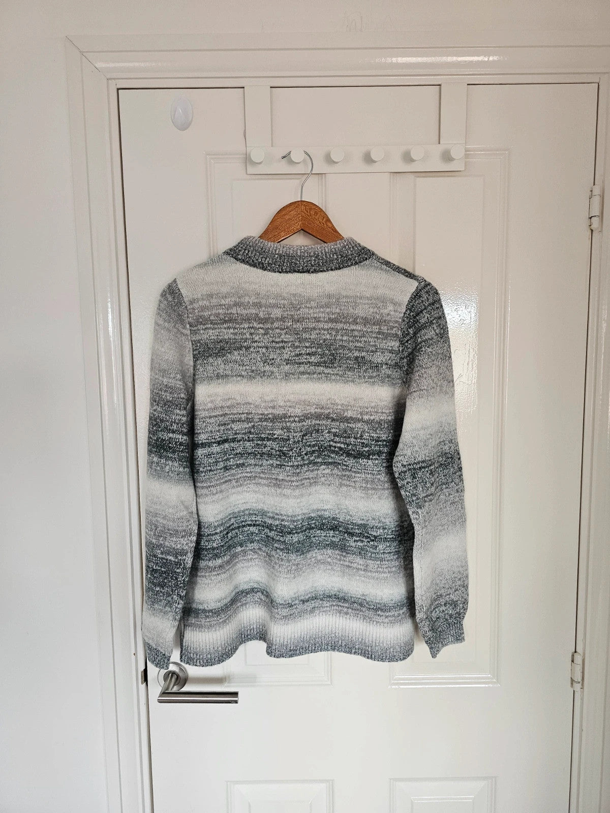 D&Co. grey and white chunky knit jumper with tonal stripes and mock neck.