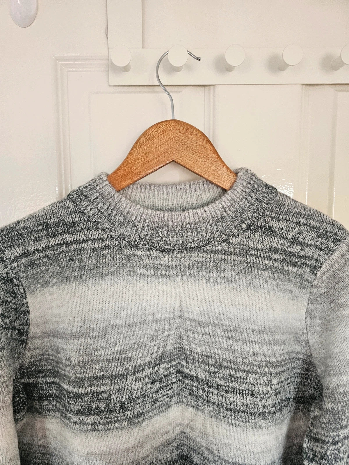 D&Co. grey and white chunky knit jumper with tonal stripes and mock neck.
