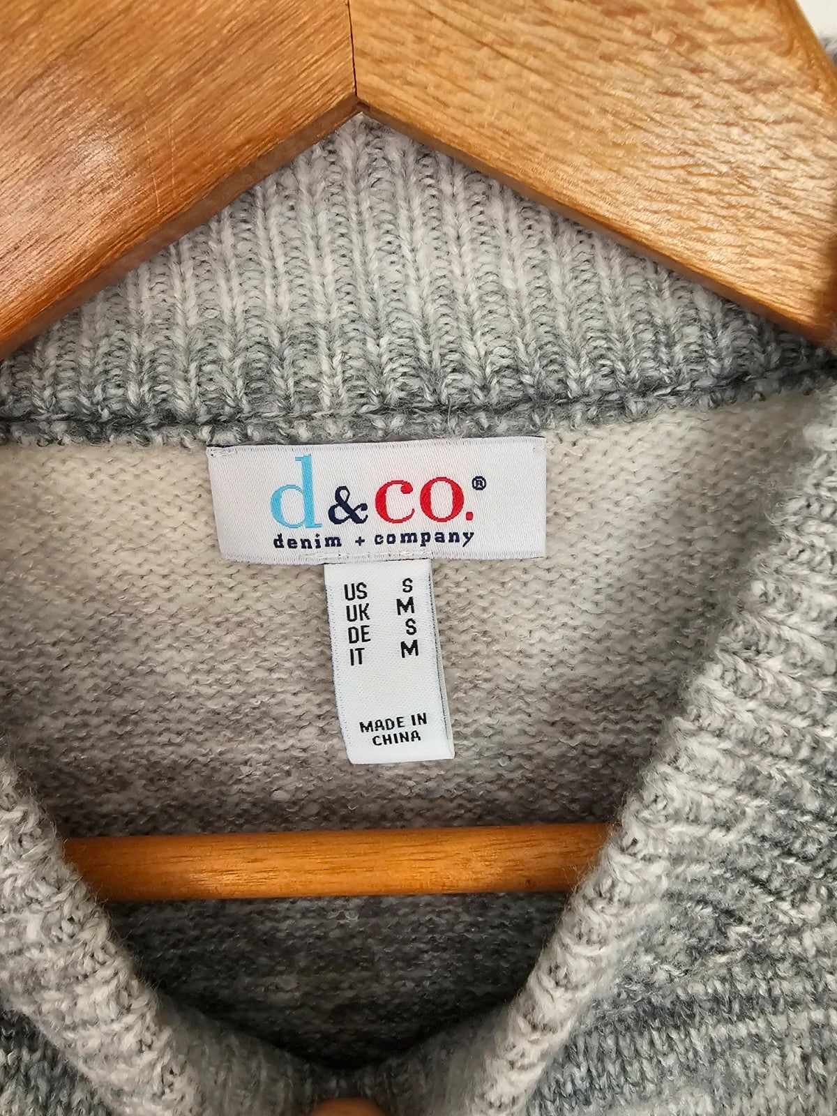 D&Co. grey and white chunky knit jumper with tonal stripes and mock neck.
