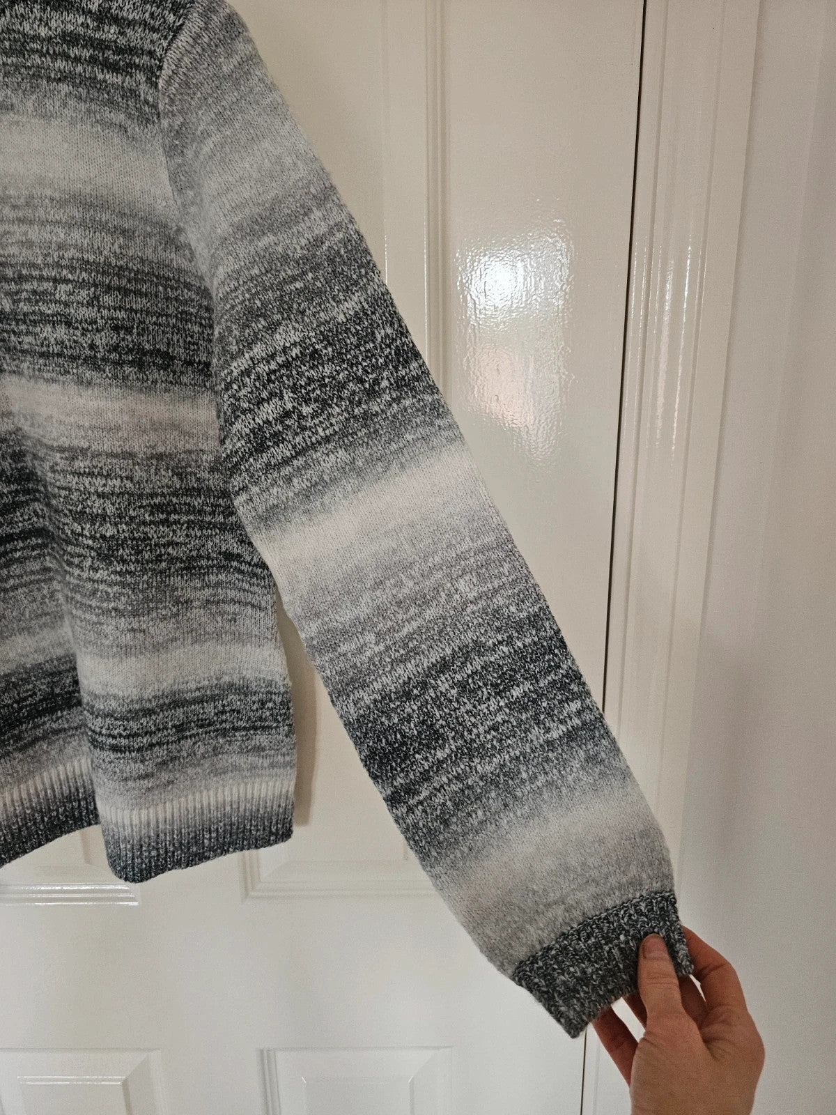 D&Co. grey and white chunky knit jumper with tonal stripes and mock neck.