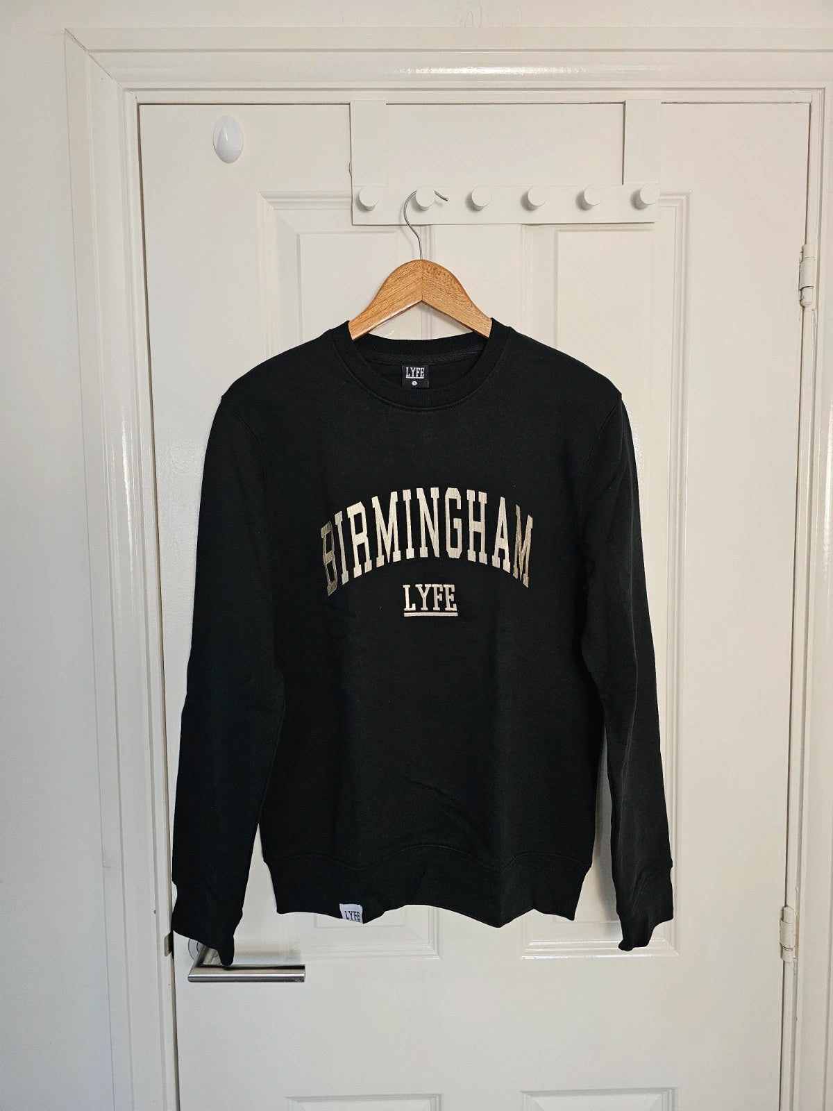 Lyfe black jumper crew neck with Birmingham print letters, cotton blend material.