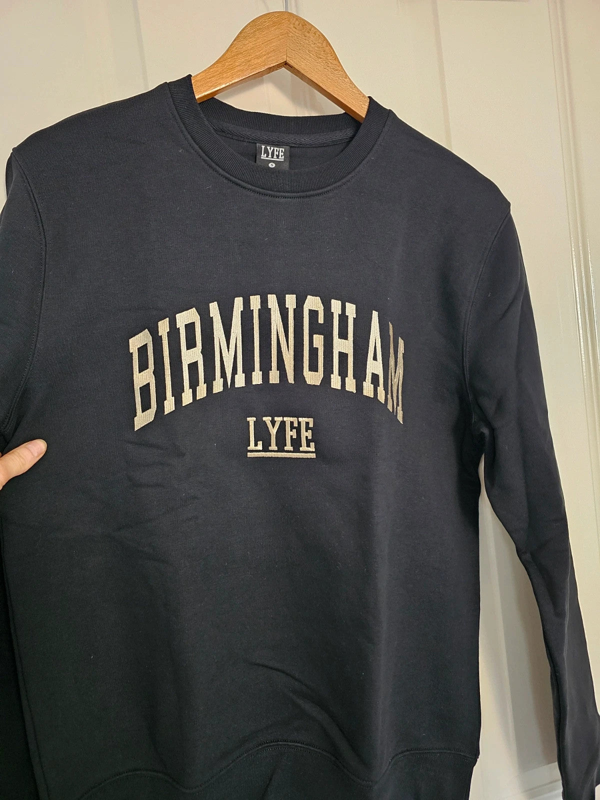 Lyfe black jumper crew neck with Birmingham print letters, cotton blend material.