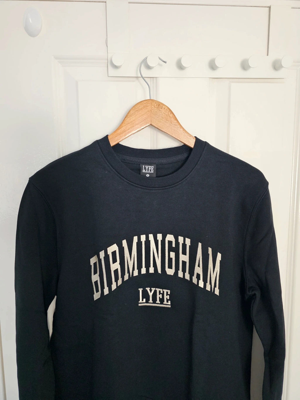 Lyfe black jumper crew neck with Birmingham print letters, cotton blend material.