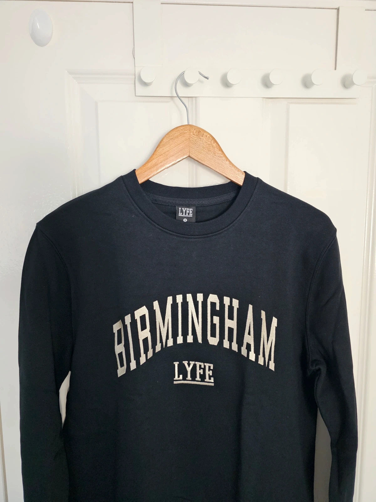 Lyfe black jumper crew neck with Birmingham print letters, cotton blend material.
