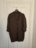 Shein Curve brown knit cardigan with drop shoulders, long sleeves, and button details.
