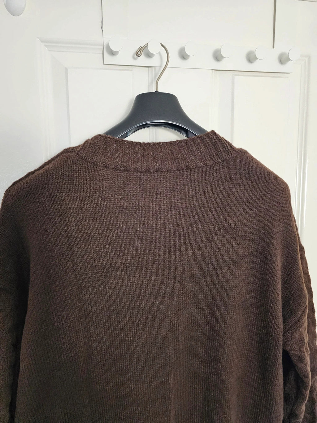 Shein Curve brown knit cardigan with drop shoulders, long sleeves, and button details.