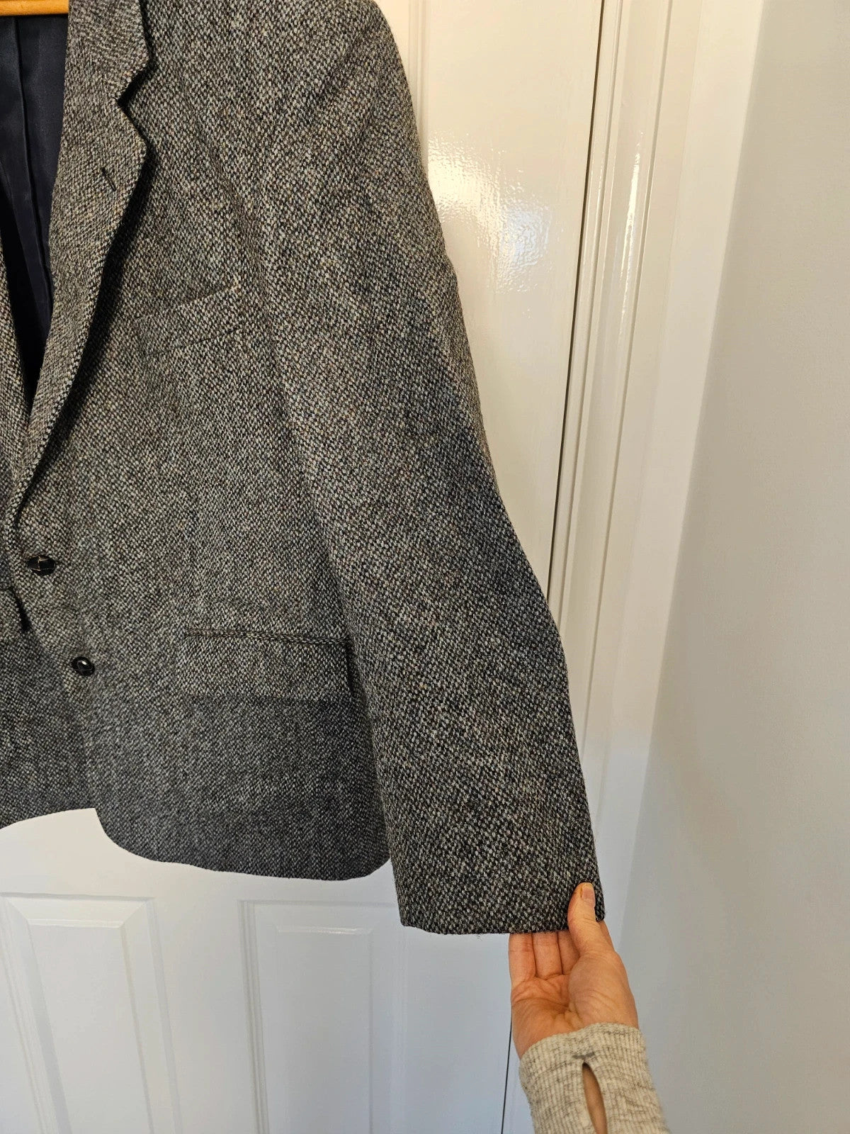 Harris Tweed grey herringbone wool jacket vintage handwoven blazer with subtle detailing.