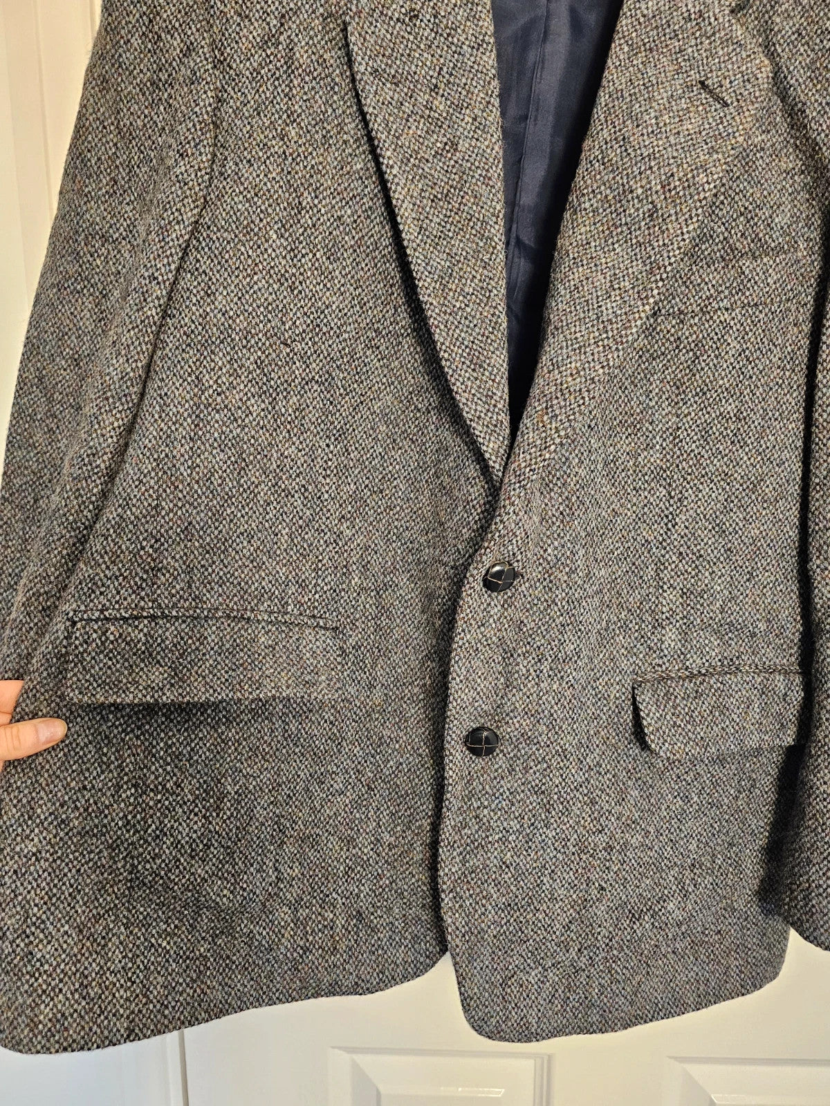 Harris Tweed grey herringbone wool jacket vintage handwoven blazer with subtle detailing.