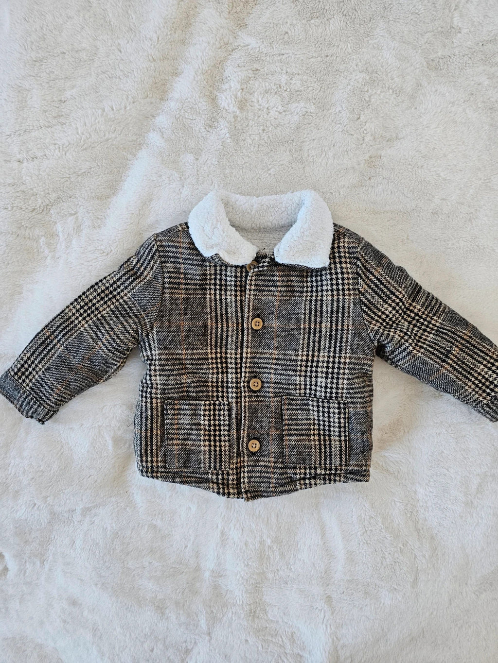 TU baby boys brown checked duffle coat cotton fleece material in excellent condition.